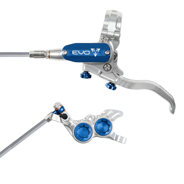 Hope Tech Evo GR4 with braided hose in Silver/Blue at Tweed Valley Bikes