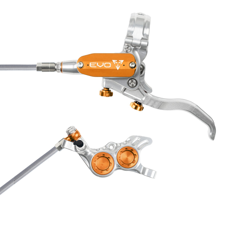 Hope Tech Evo GR4 with braided hose in Silver/Orange at Tweed Valley Bikes