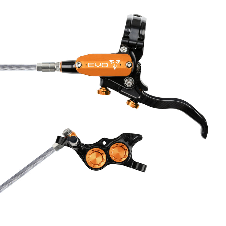 Hope Tech 4 EVO TR4 Brakes with Braided Hose in Black/Orange at Tweed Valley Bikes