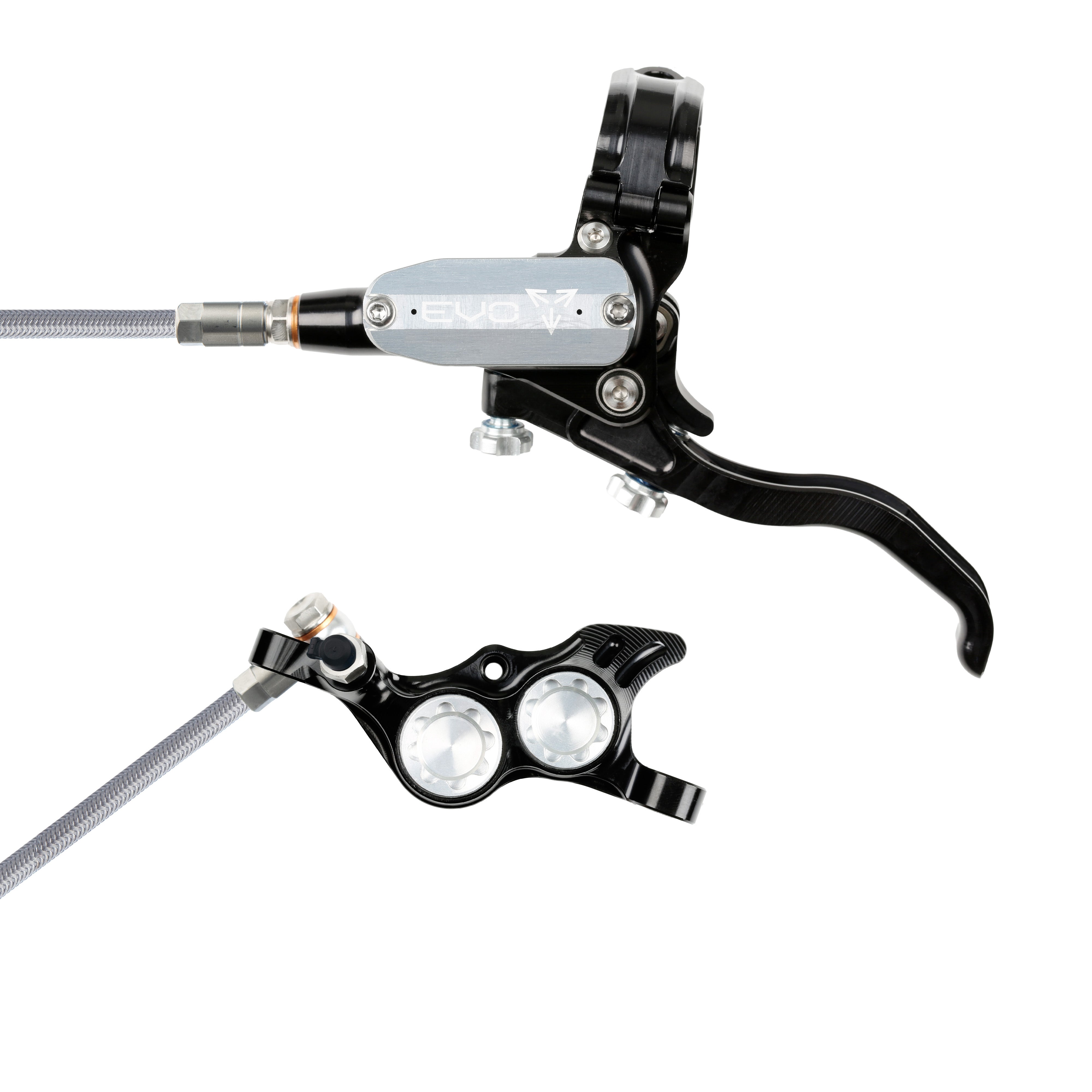 Hope Tech 4 EVO TR4 Brakes with Braided Hose in Black/Silver at Tweed Valley Bikes