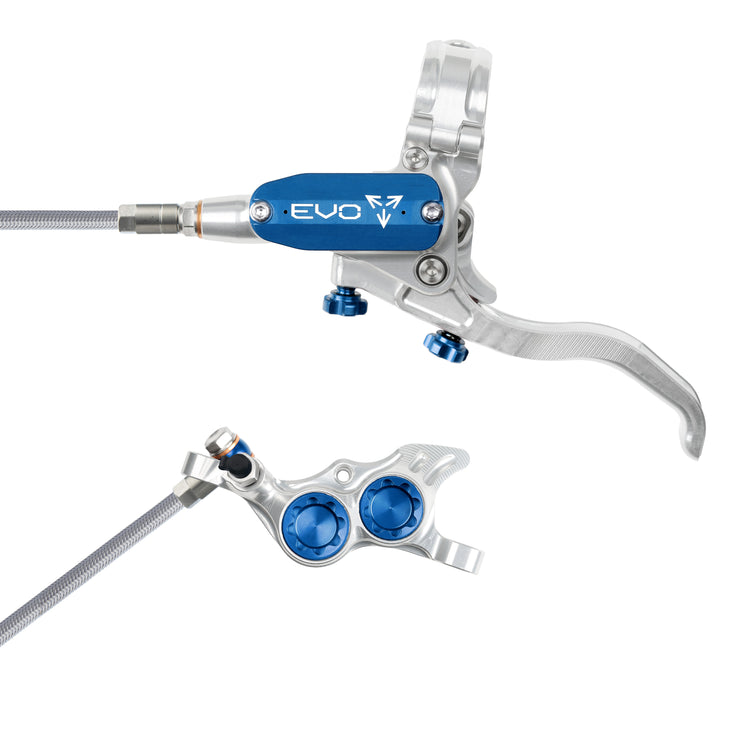 Hope Tech 4 EVO TR4 Brakes with Braided Hose in Silver/Blue at Tweed Valley Bikes