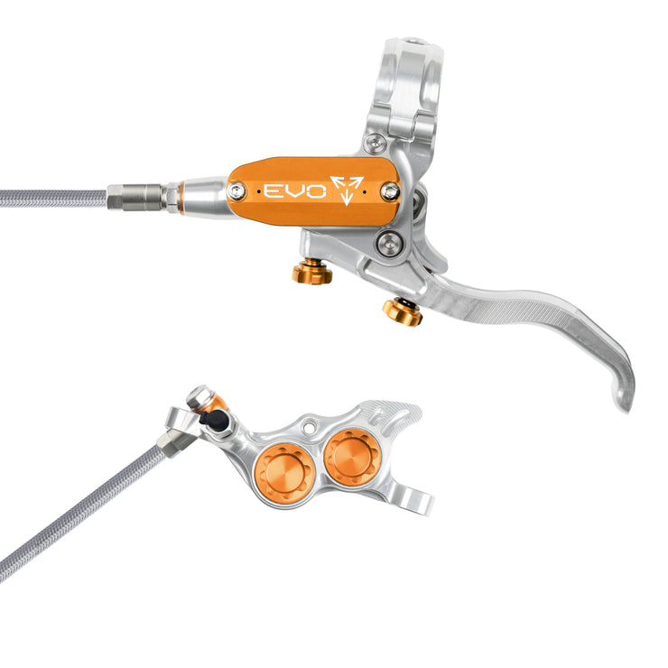 Hope Tech 4 EVO TR4 Brakes with Braided Hose in Silver/Orange at Tweed Valley Bikes