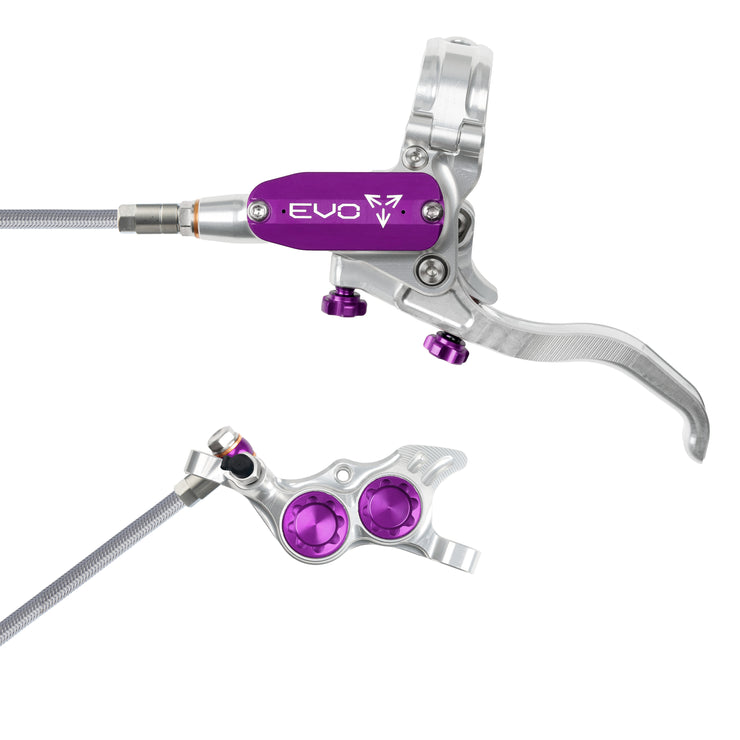 Hope Tech 4 EVO TR4 Brakes with Braided Hose in Silver/Purple at Tweed Valley Bikes